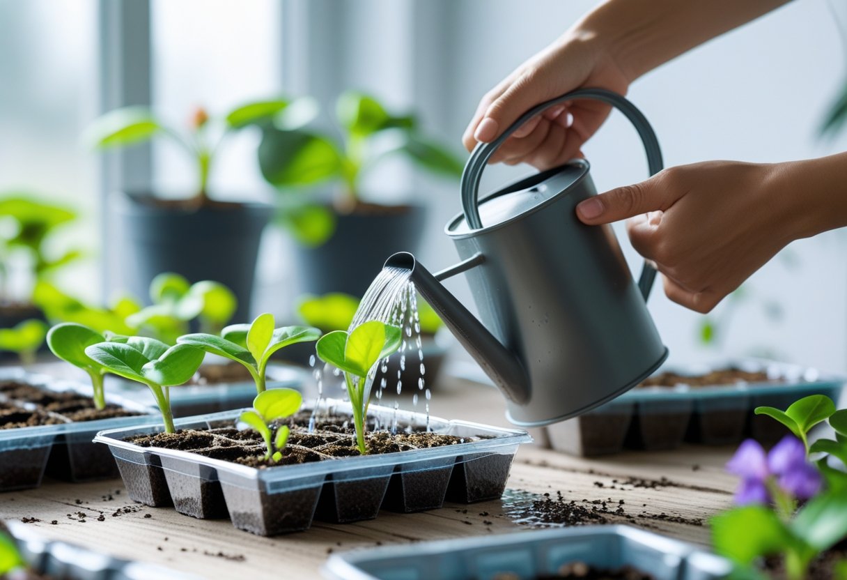 Hands watering young African violet seedlings growing in seed trays indoors near a window.