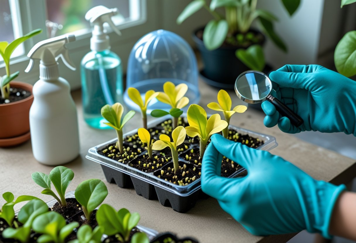 Close-up of African violet seedlings in a seed tray with some showing signs of problems, hands inspecting a seedling with a magnifying glass, and gardening tools nearby.