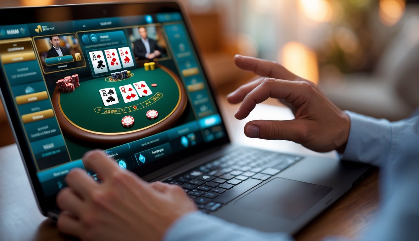 Seseorang bermain blackjack online secara real-time menggunakan laptop di lingkungan rumah yang nyaman.