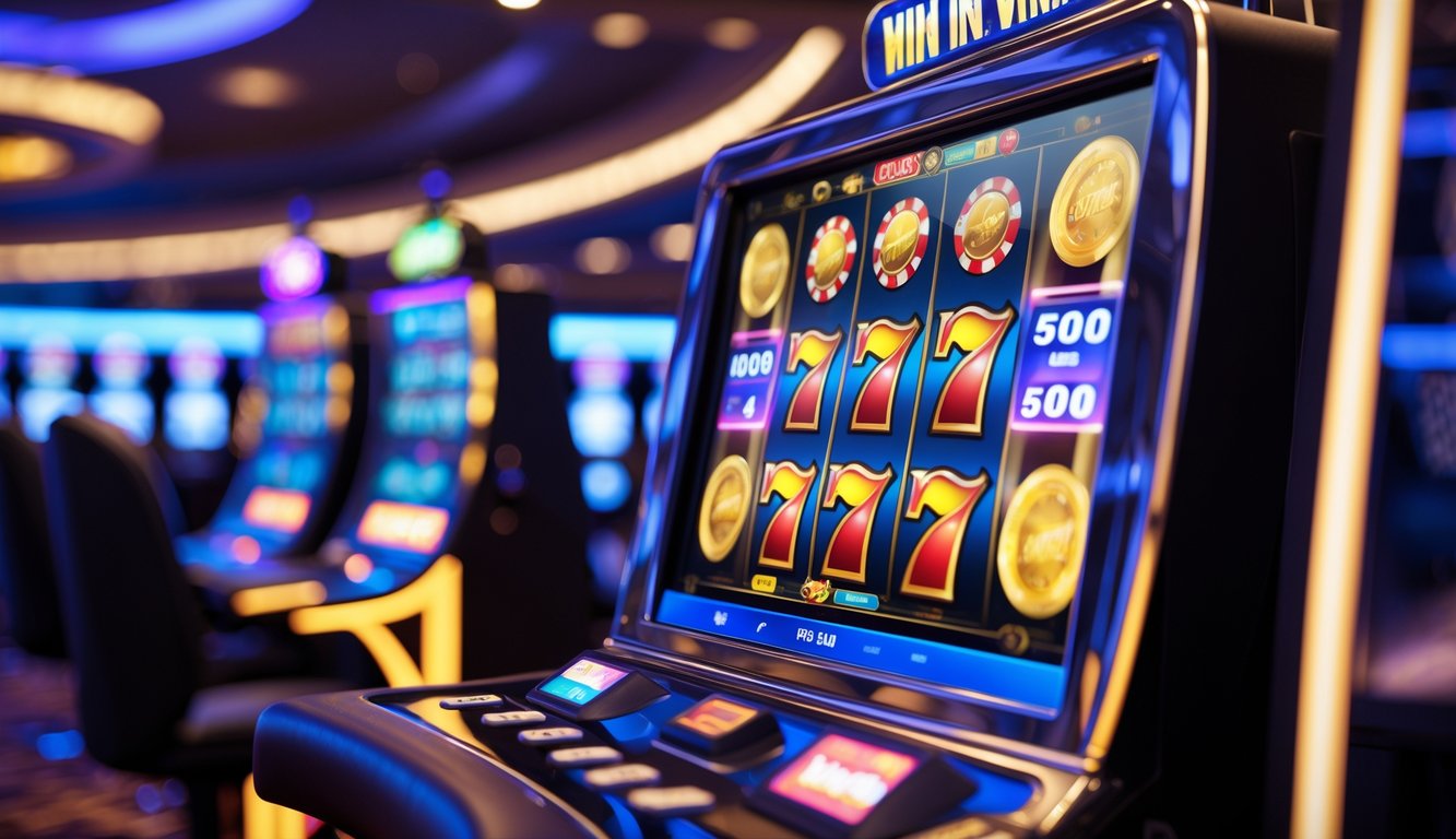 Mesin slot di kasino modern dengan lampu berwarna cerah dan koin melimpah menunjukkan kemenangan besar.