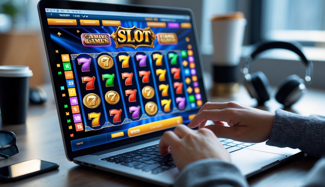 Seseorang menggunakan komputer dengan permainan slot online yang berwarna-warni di layar dalam suasana kerja yang modern.