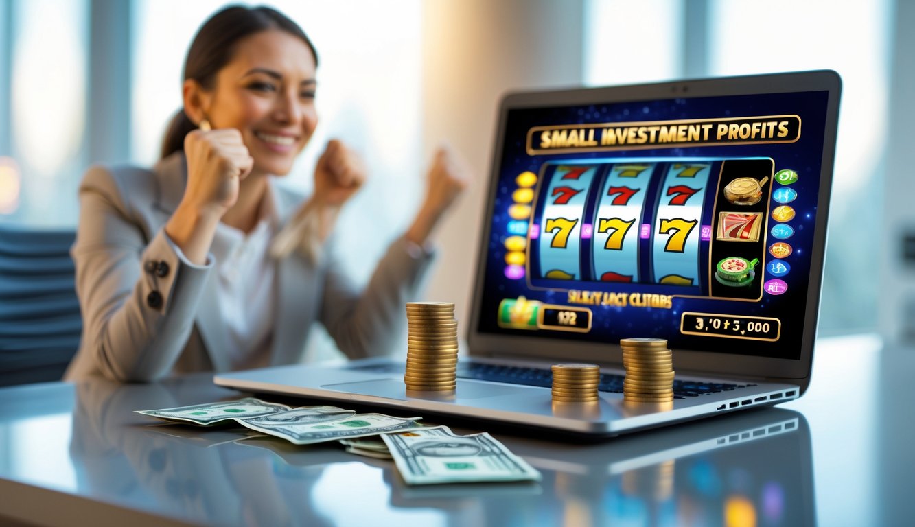 Seseorang duduk di depan laptop dengan permainan mesin slot di layar, terlihat senang dan percaya diri dengan beberapa tumpukan koin kecil di meja.