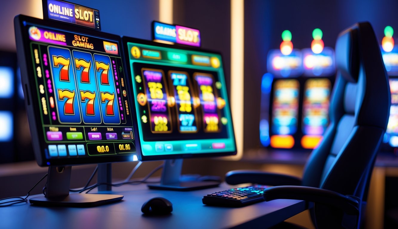 Sebuah meja komputer modern dengan beberapa layar menampilkan permainan slot online yang berwarna-warni dan suasana ruangan yang nyaman.