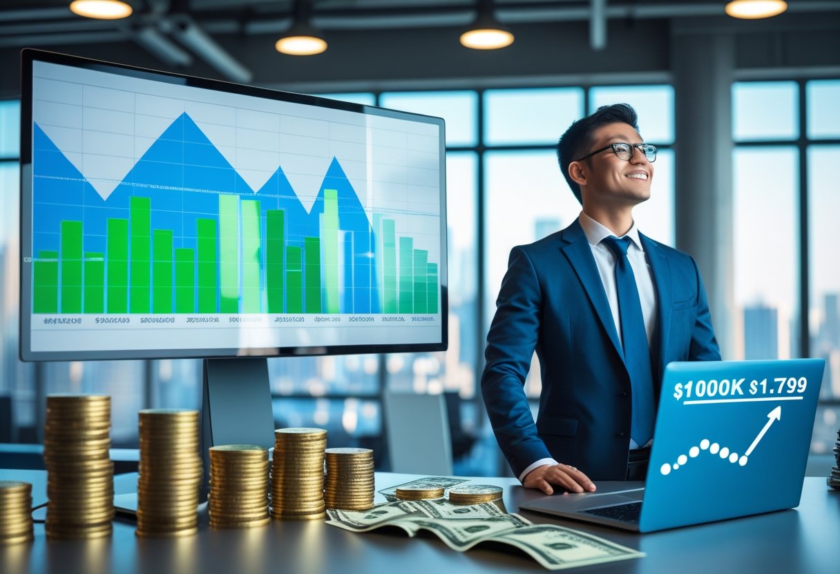 A confident person in an office looking at rising financial graphs on a digital screen with symbols of money and a city skyline in the background.