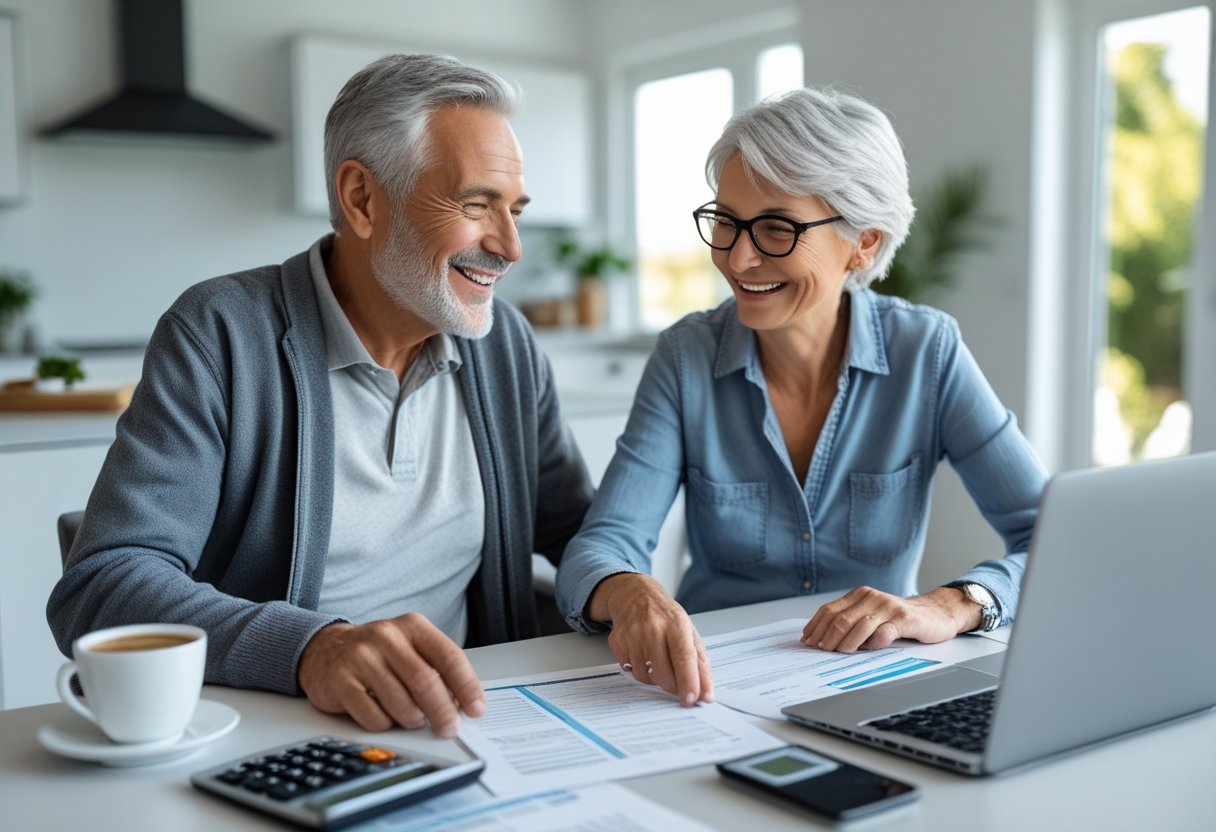 A retired couple sitting at a kitchen table reviewing financial documents together.
