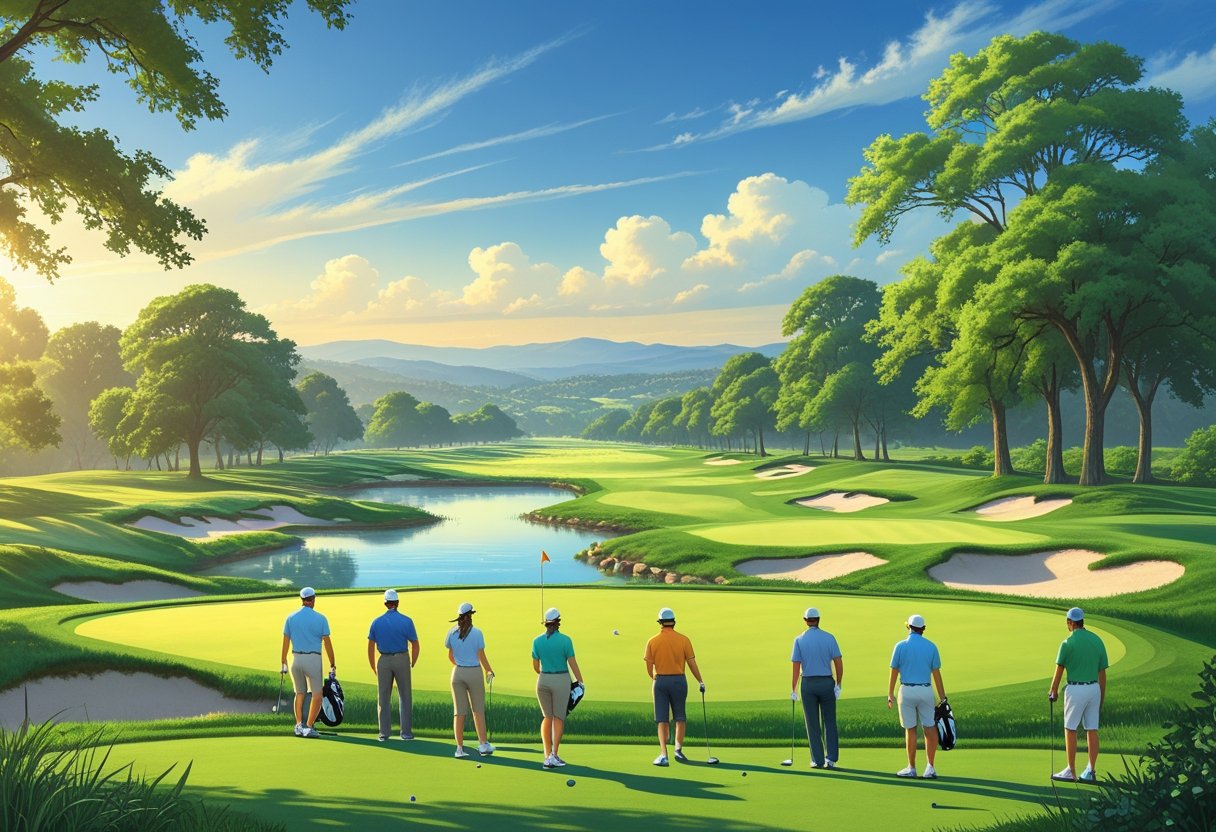 A scenic view of a public golf course with golfers playing on green fairways surrounded by trees and hills under a clear sky.
