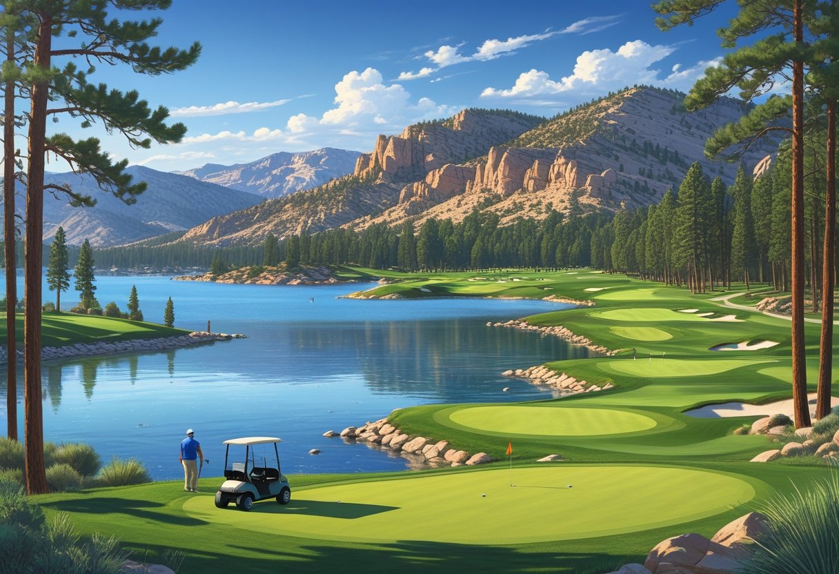 A golf course by a large lake with green fairways, pine trees, mountains in the background, and golfers playing under a clear blue sky.