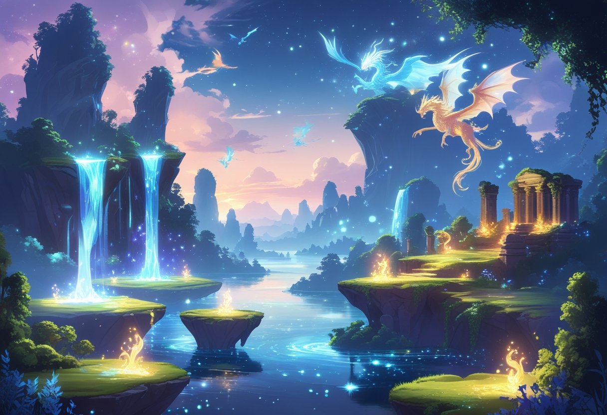 Pemandangan fantasi dengan pulau terapung bercahaya, air terjun berkilau, dan makhluk mitos terbang di langit senja.