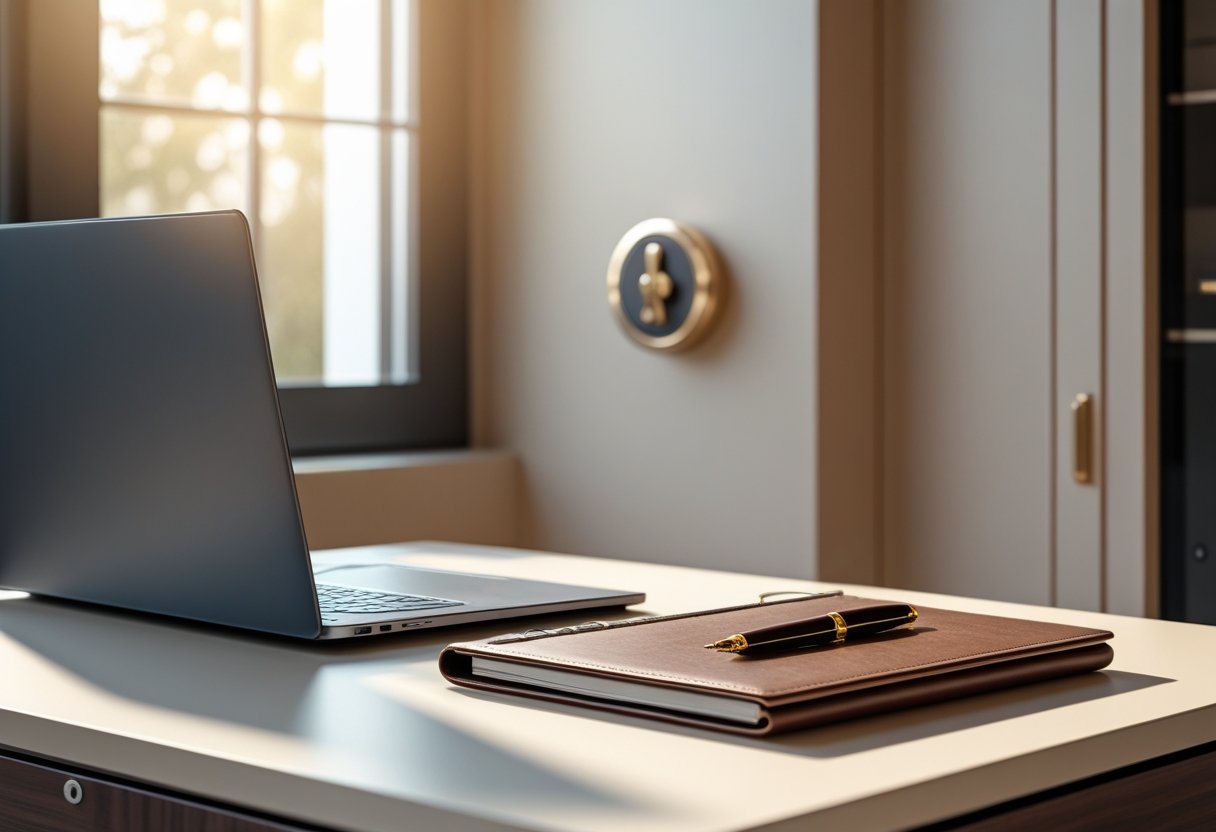 A modern workspace with a closed laptop, notebook, pen, and a safe in the background suggesting secret wealth building.
