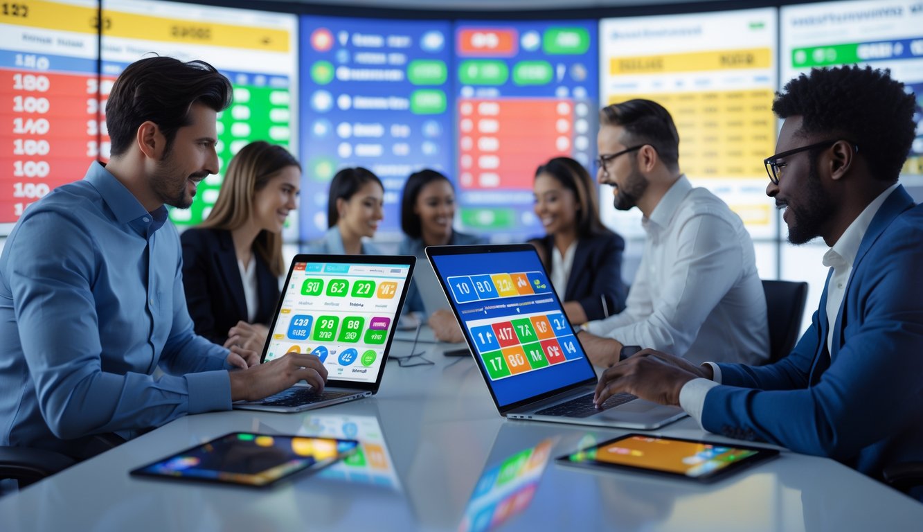 Orang-orang menggunakan perangkat digital di kantor modern dengan layar besar menampilkan berbagai pasar togel online.