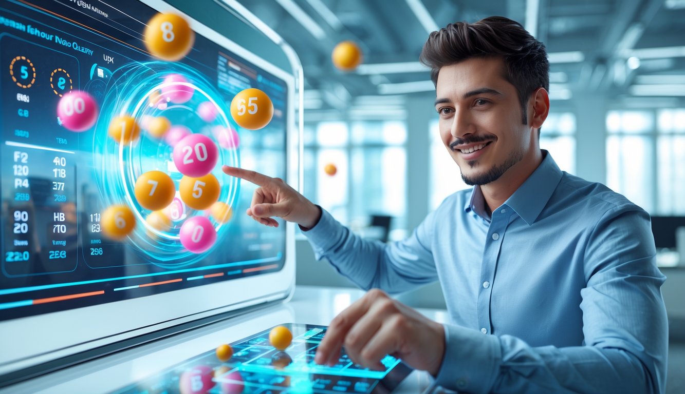 Seseorang menggunakan layar sentuh digital dengan angka dan bola lotere mengambang di udara dalam lingkungan kantor futuristik.