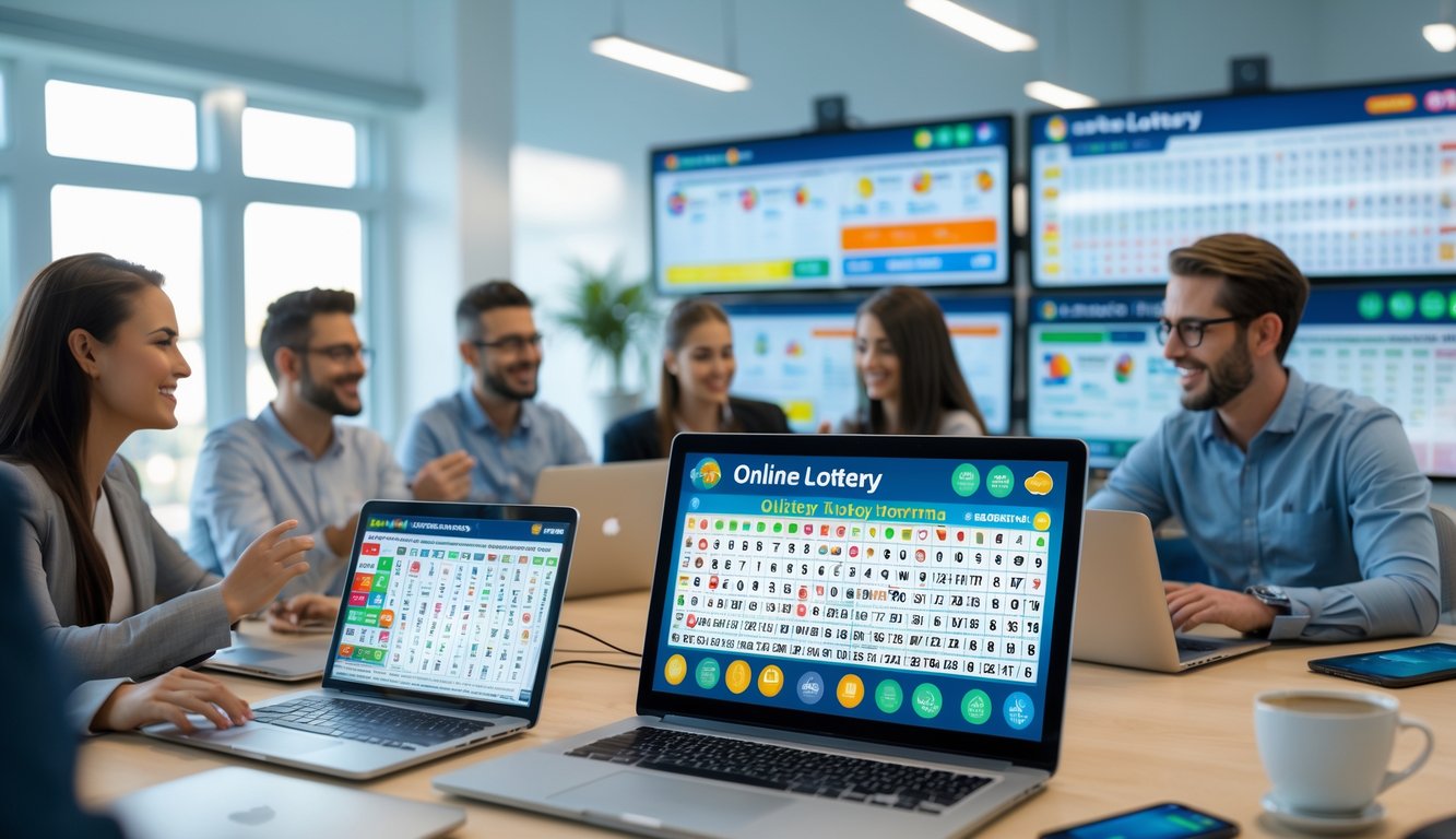 Orang-orang menggunakan perangkat digital di kantor modern dengan tampilan grafik dan angka lotere di layar.