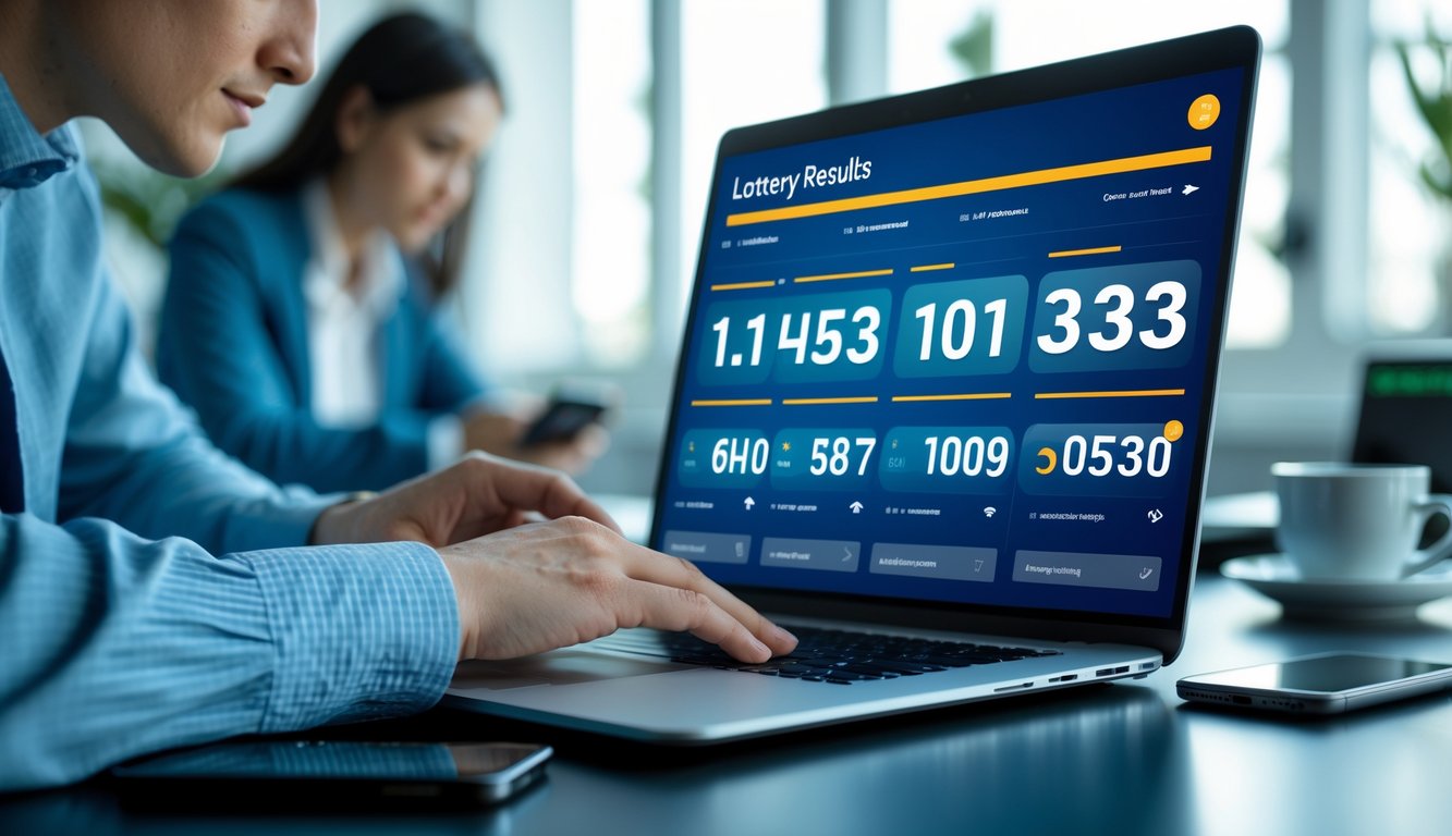 Seseorang menggunakan laptop di meja kerja dengan tampilan angka dan grafik hasil togel online.