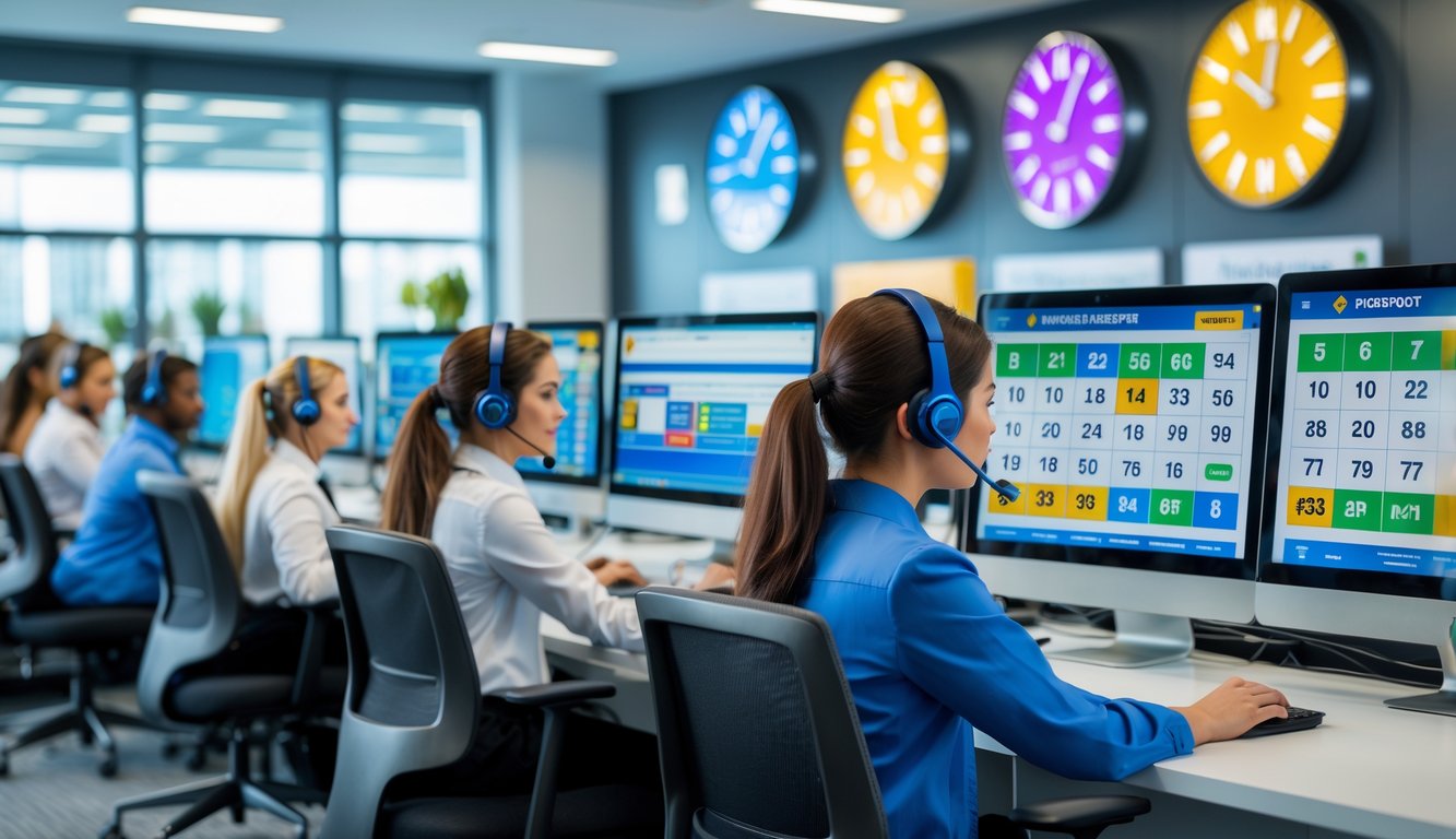 Suasana kantor modern dengan staf layanan pelanggan yang sedang bekerja menggunakan headset dan komputer, menunjukkan layanan togel online 24 jam.
