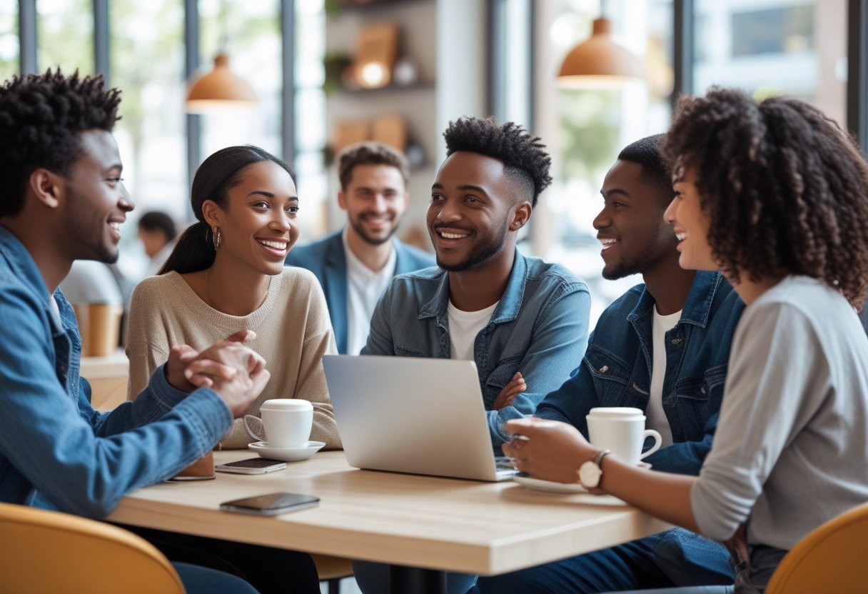 A diverse group of young adults talking and smiling together in a bright cafe.