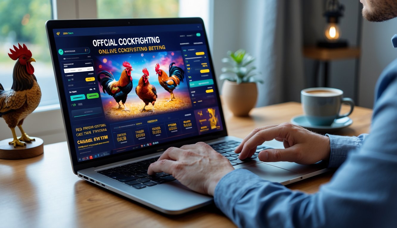 Seseorang menggunakan laptop di meja kerja dengan latar belakang figur ayam jago dan cangkir kopi.