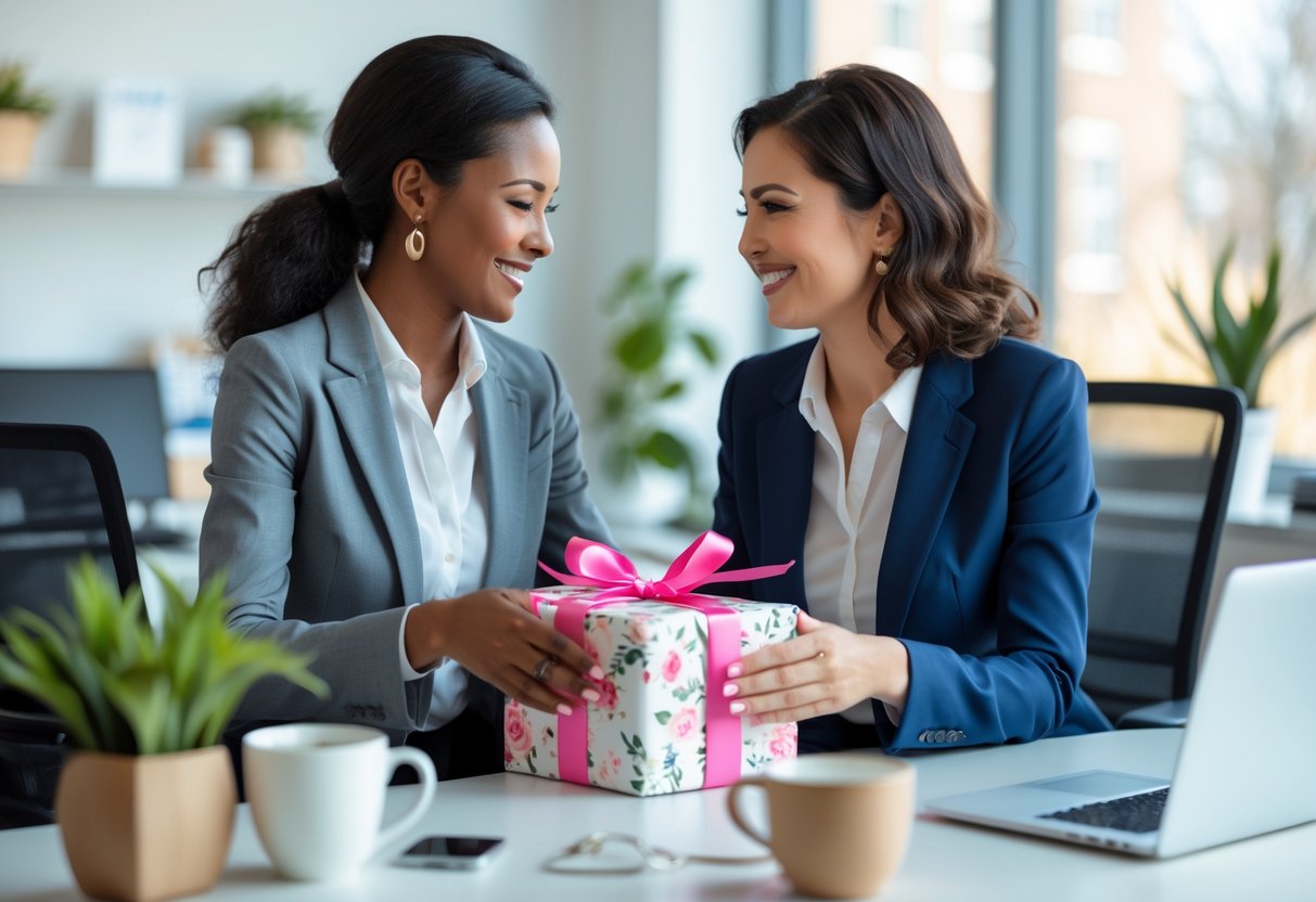 Two professional women in an office exchanging a wrapped gift, smiling warmly at each other.