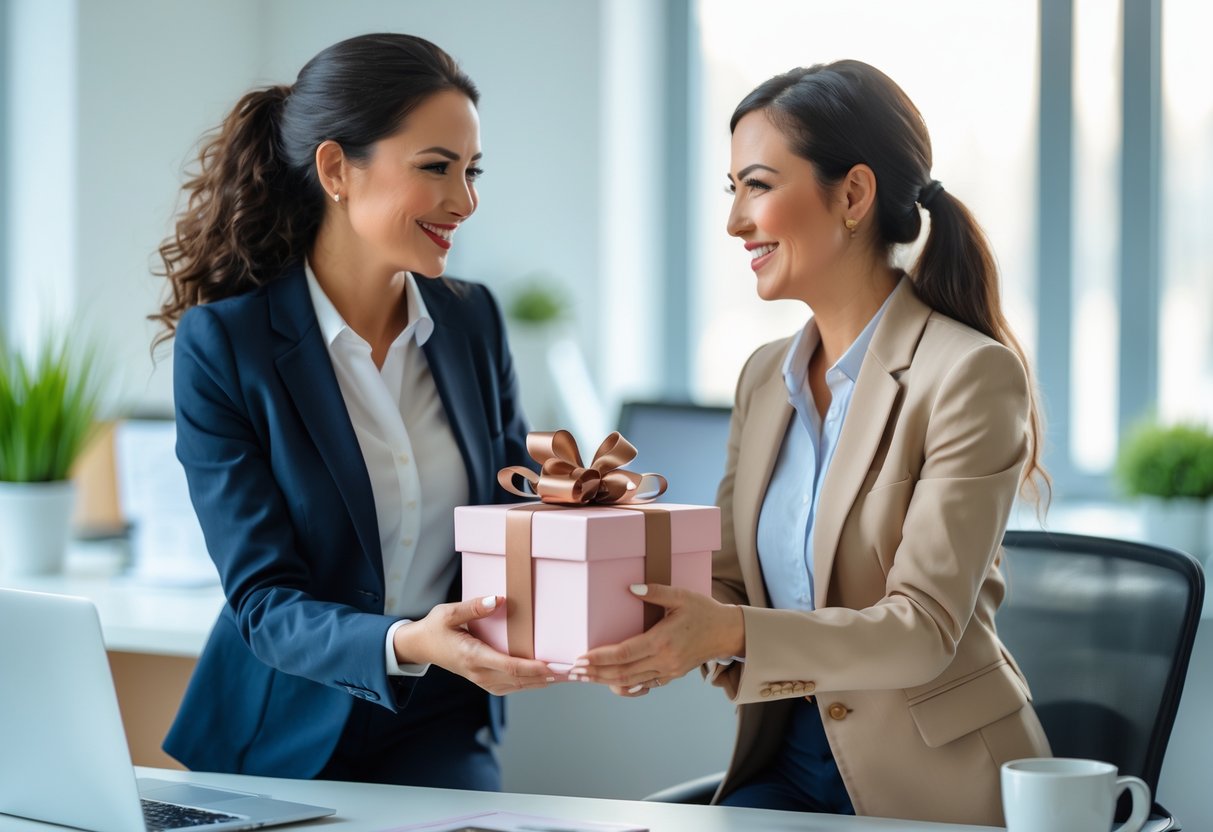Two professional women in an office exchanging a wrapped gift with smiles, showing appreciation and friendship.