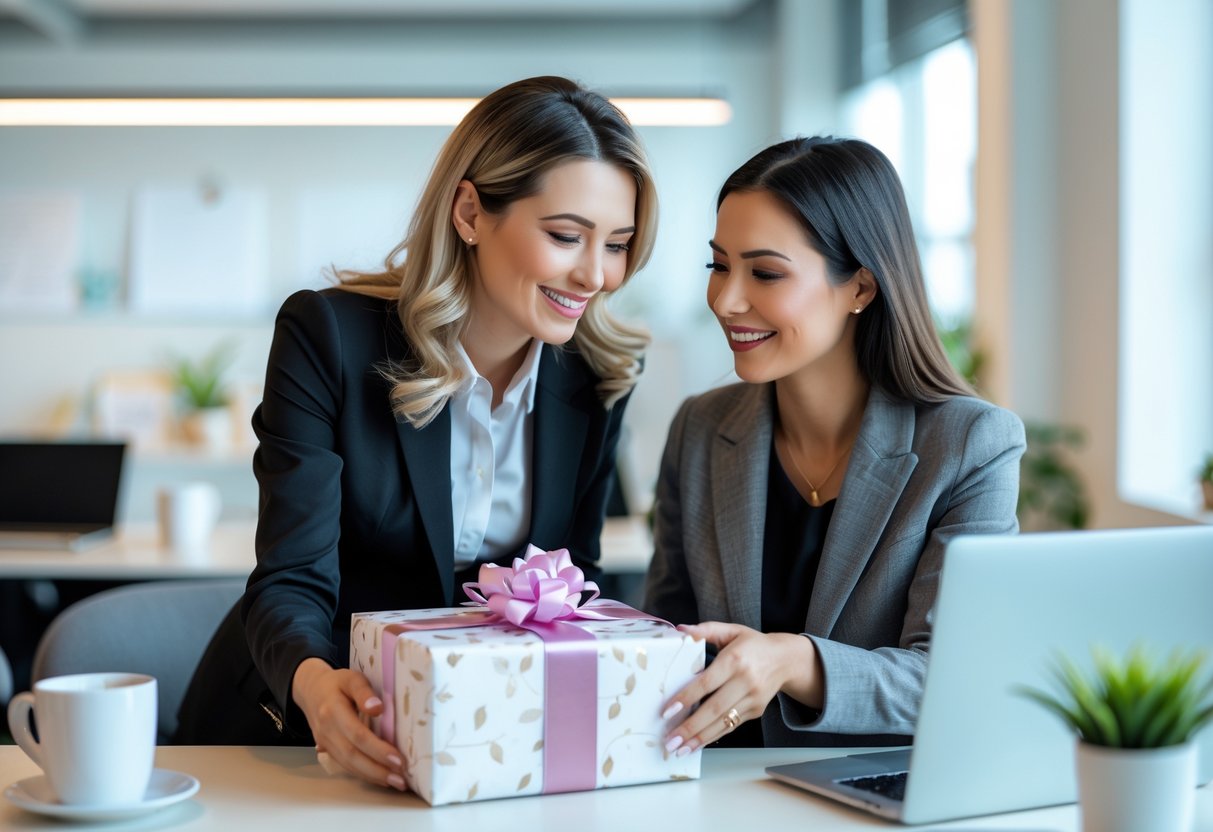 Two women in an office exchanging a wrapped gift, smiling warmly at each other.