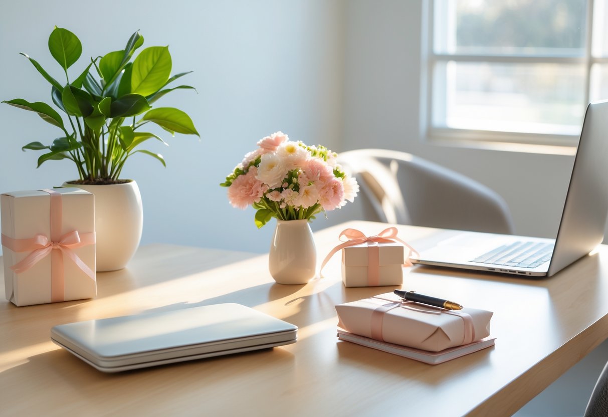 A bright office desk with a potted plant, pastel flowers in a vase, a small wrapped gift, a coffee mug, a laptop, and notebooks arranged neatly.