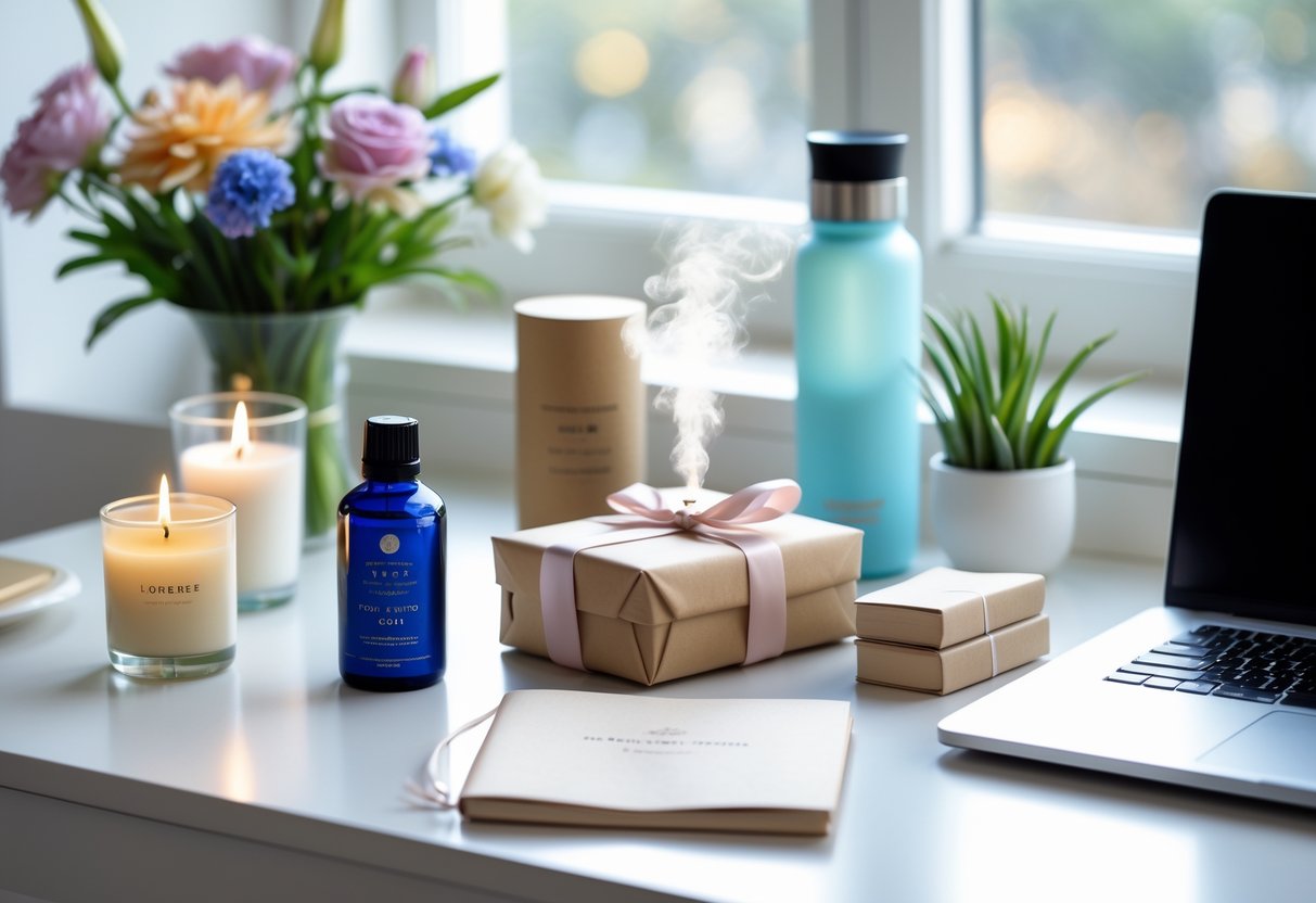 A tidy office desk with wellness gifts including flowers, a candle, essential oil diffuser, wrapped gift box, and books, bathed in natural light.