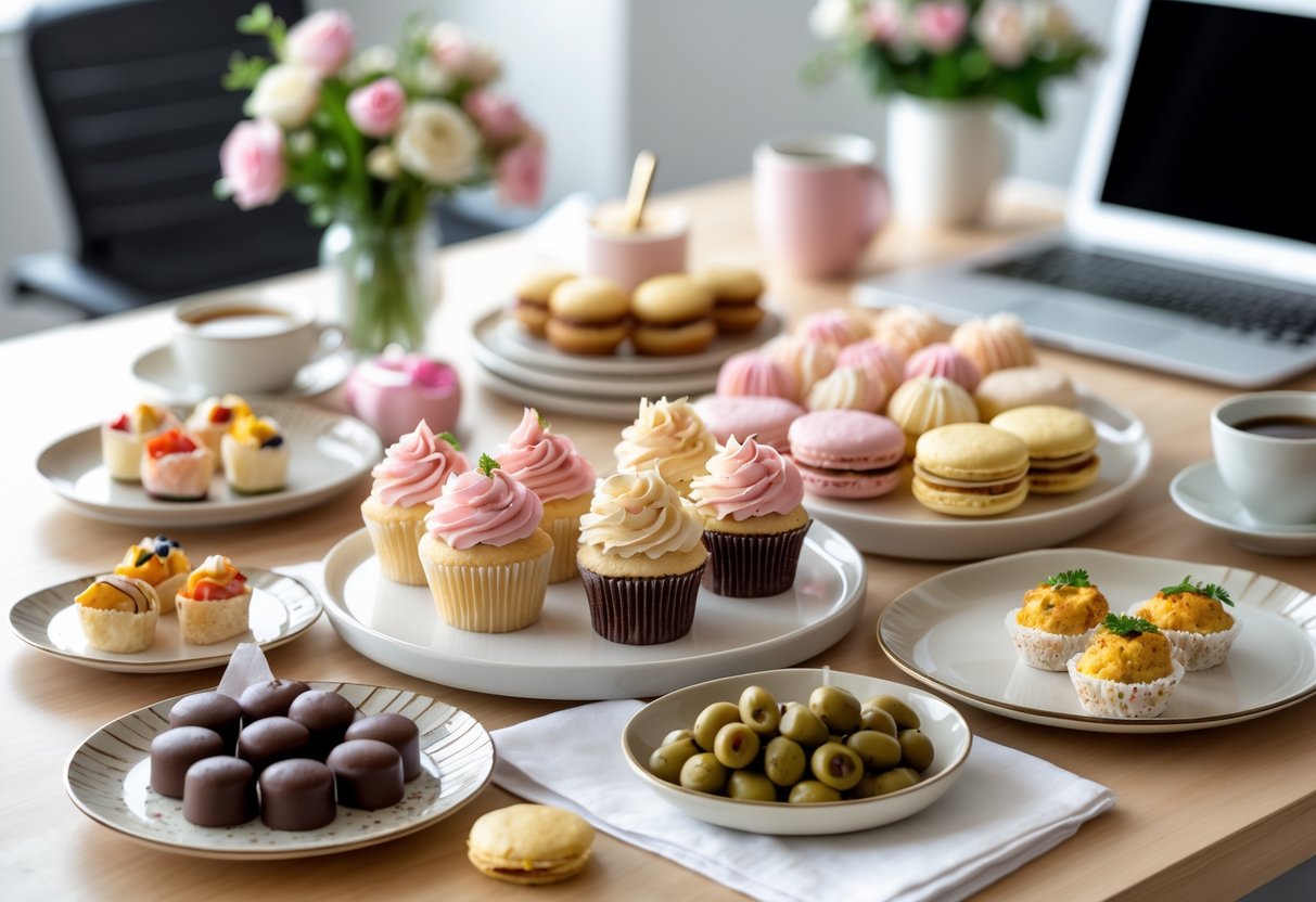 An arrangement of sweet and savory treats on a table with cupcakes, macarons, chocolates, and mini quiches, set in an office environment with a laptop and flowers.