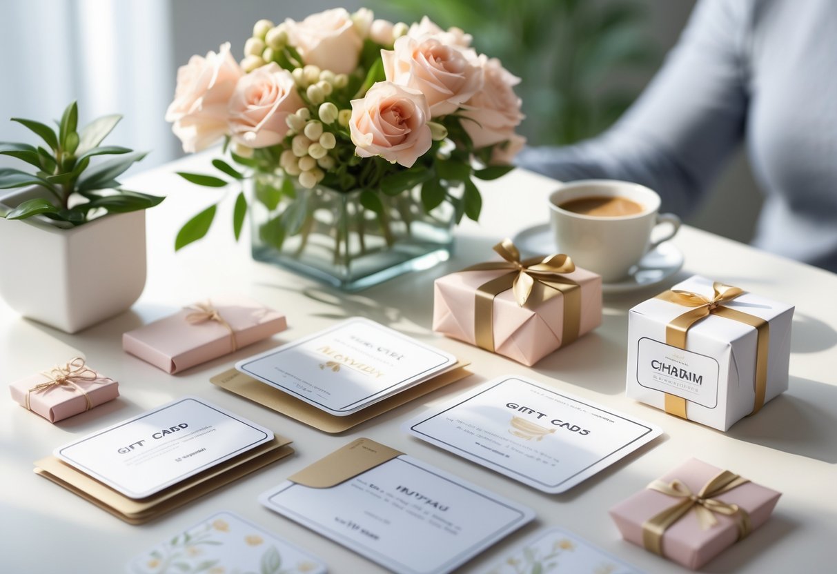 A desk with gift cards, a small wrapped gift, fresh flowers, and a coffee cup arranged neatly in a bright workspace.