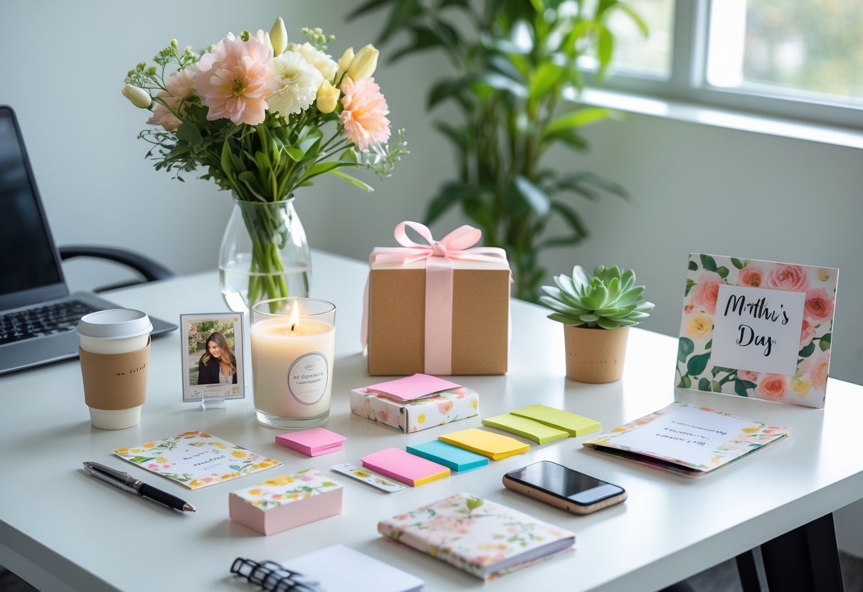 A tidy office desk displaying ten small meaningful Mother's Day gifts including flowers, a coffee cup, a wrapped box, a notebook, a candle, a photo frame, a succulent, sticky notes, a desk organizer, and a greeting card.