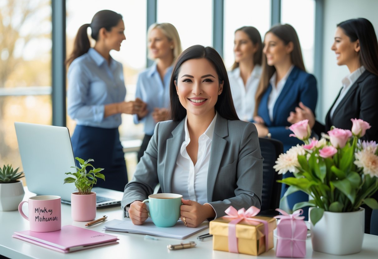 A smiling woman at her office desk surrounded by small gifts like a coffee mug, plant, and flowers, with colleagues talking in the background.
