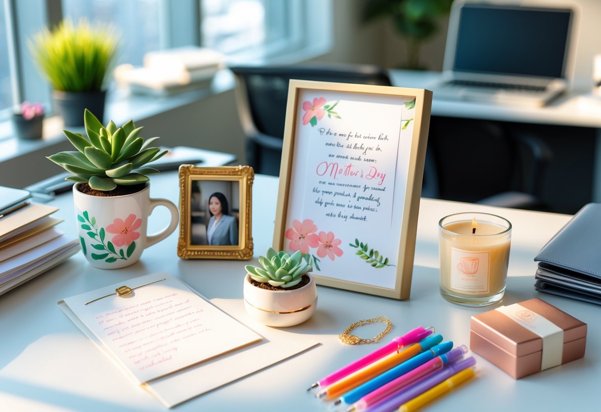 An office desk with small meaningful Mother's Day gifts including a coffee mug, potted plant, framed photo, handwritten note, pens, scented candle, and jewelry box, set in a modern office environment.