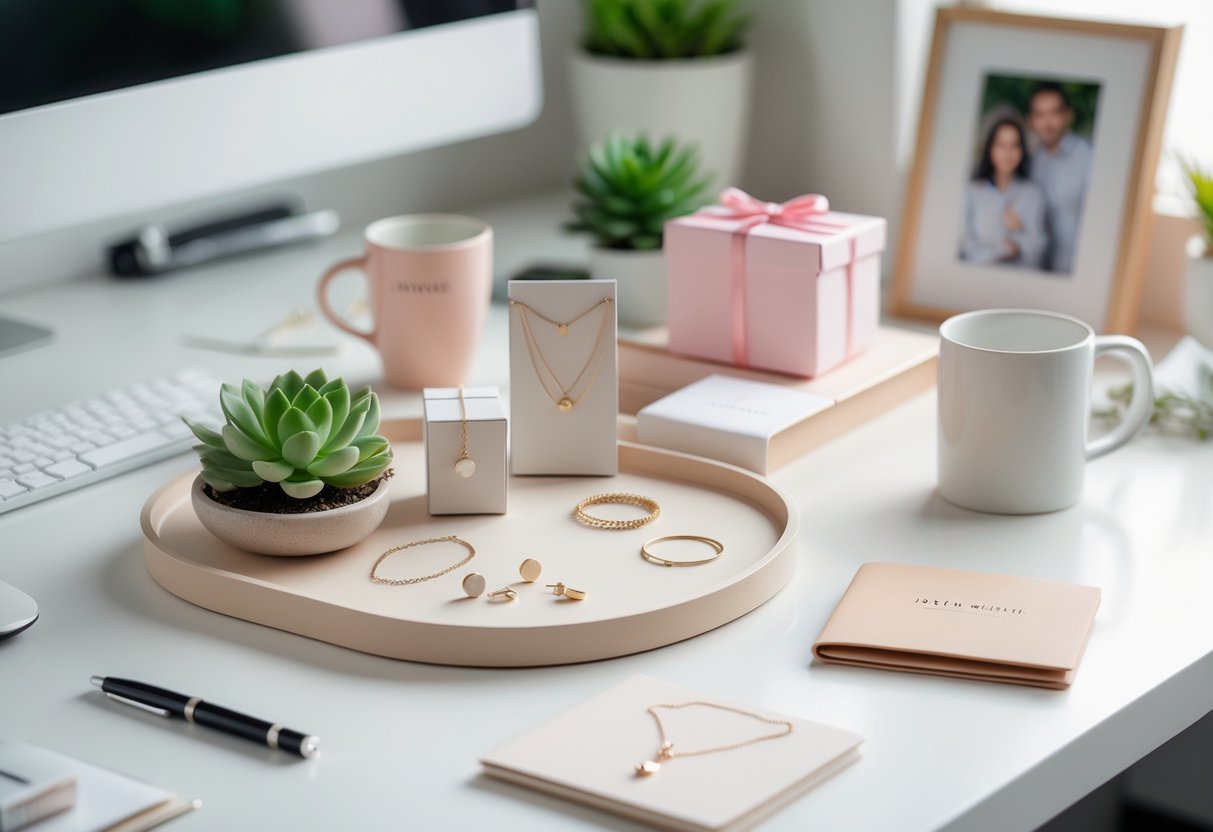 An office desk displaying small meaningful Mother’s Day gifts including jewelry, a coffee mug, a potted plant, a wrapped box, a pen, a notebook, and a framed photo.