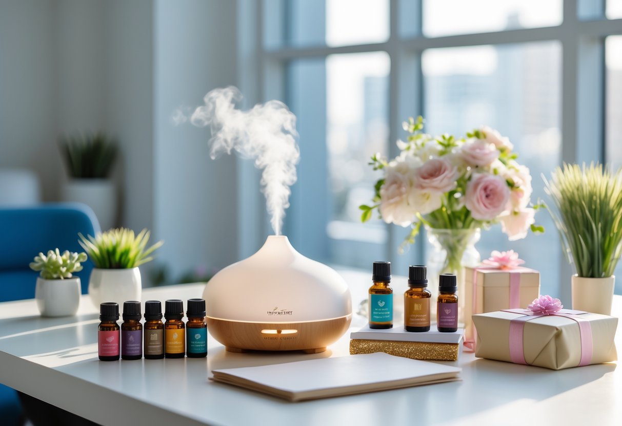 A modern office desk with essential oils, a diffuser, small plants, flowers, and a wrapped gift box in a bright, organized workspace.