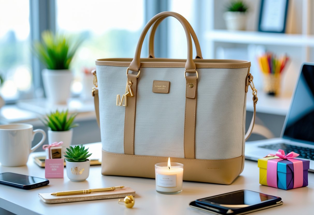 A tote bag on an office desk surrounded by ten small gifts including a planner, coffee mug, succulent, pen set, wireless charger, candle, earrings, photo frame, chocolate box, and notebook.