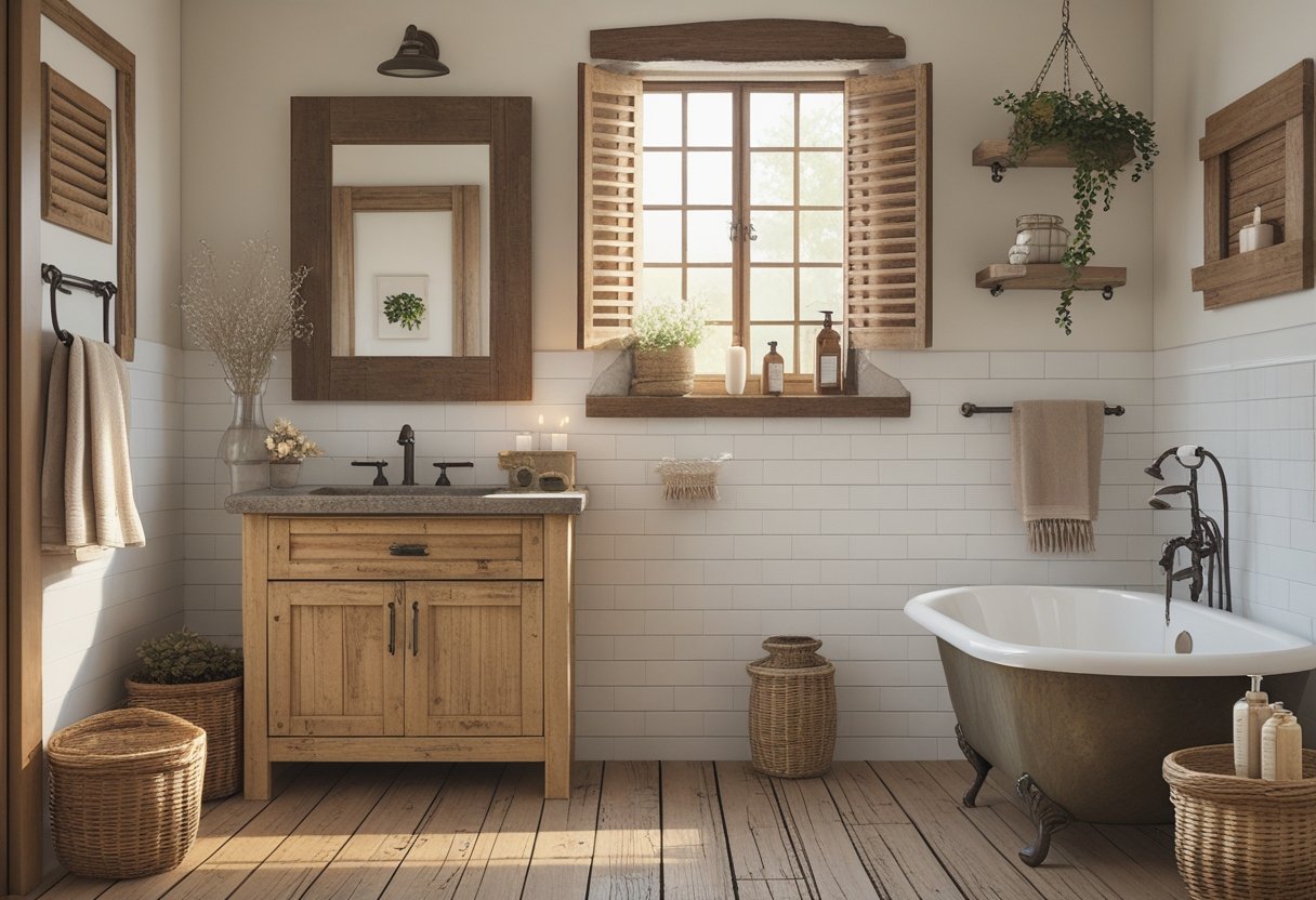A bathroom with a wooden vanity, stone countertop, clawfoot bathtub, exposed brick wall, and rustic decor elements.