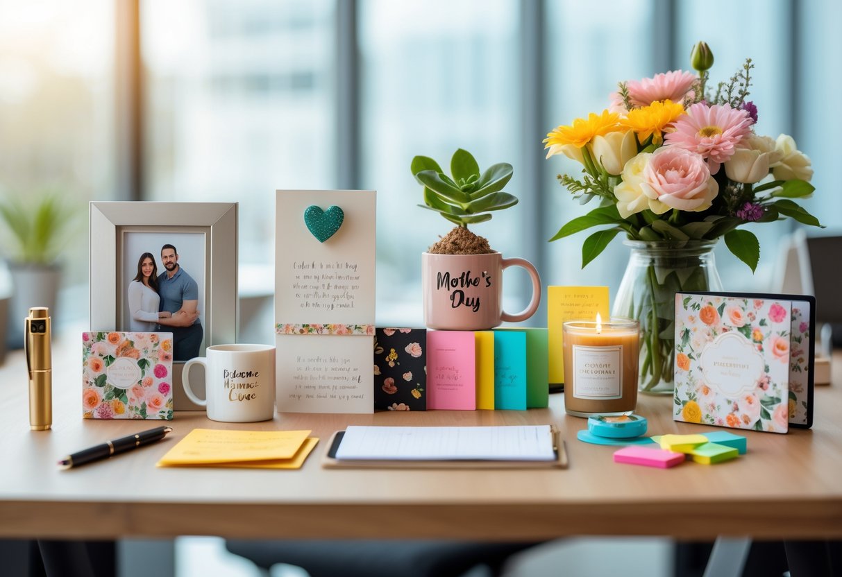 A desk with ten small personalized gifts arranged neatly, including a photo frame, coffee mug, potted plant, candle, planner, pen, keychain, jewelry box, sticky notes, and flowers in an office setting.