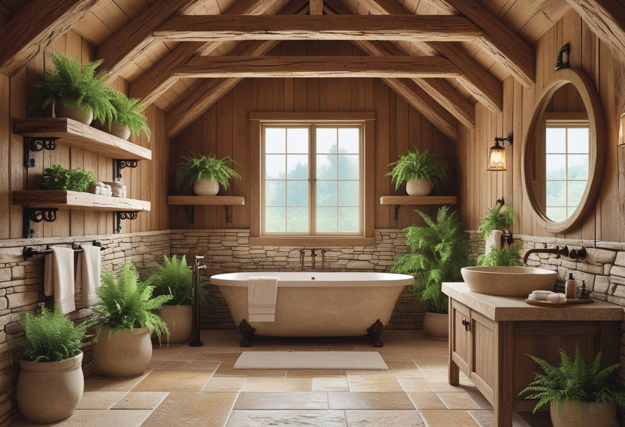 A bathroom with exposed wooden beams, a stone bathtub, wooden shelves with plants, and stone tile flooring.