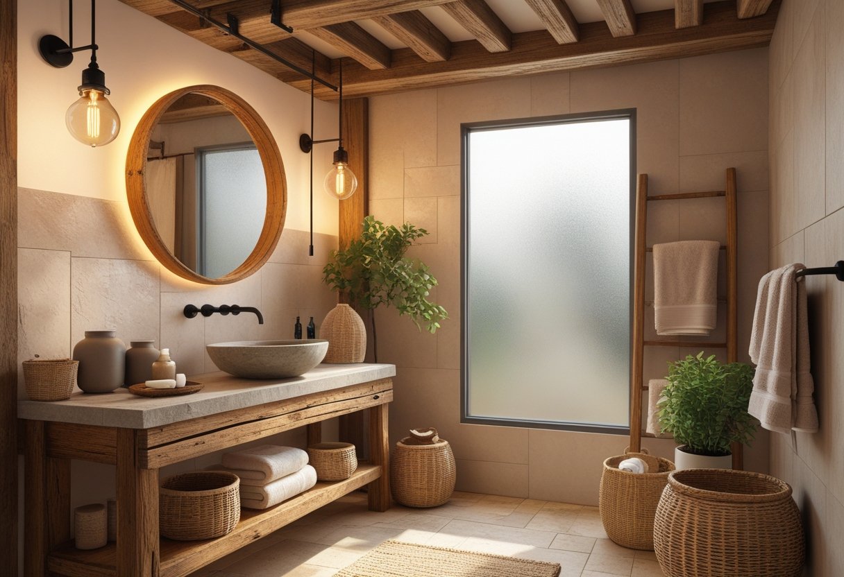 A warm and cozy bathroom with wooden and stone elements, soft lighting from hanging bulbs, a wooden vanity with a stone sink, a round mirror, and natural accessories like woven baskets and plants.