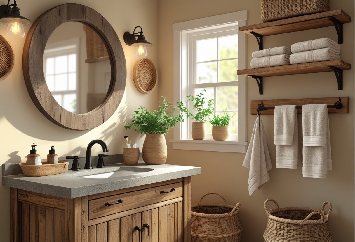 A bathroom interior featuring a wooden vanity, stone countertop, round mirror, woven baskets, potted plants, and folded towels on shelves.