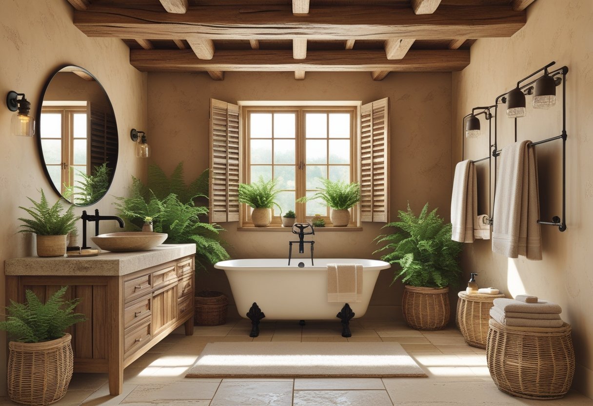 A bathroom with wooden beams, a wooden vanity, a freestanding bathtub, plants, and stone flooring.