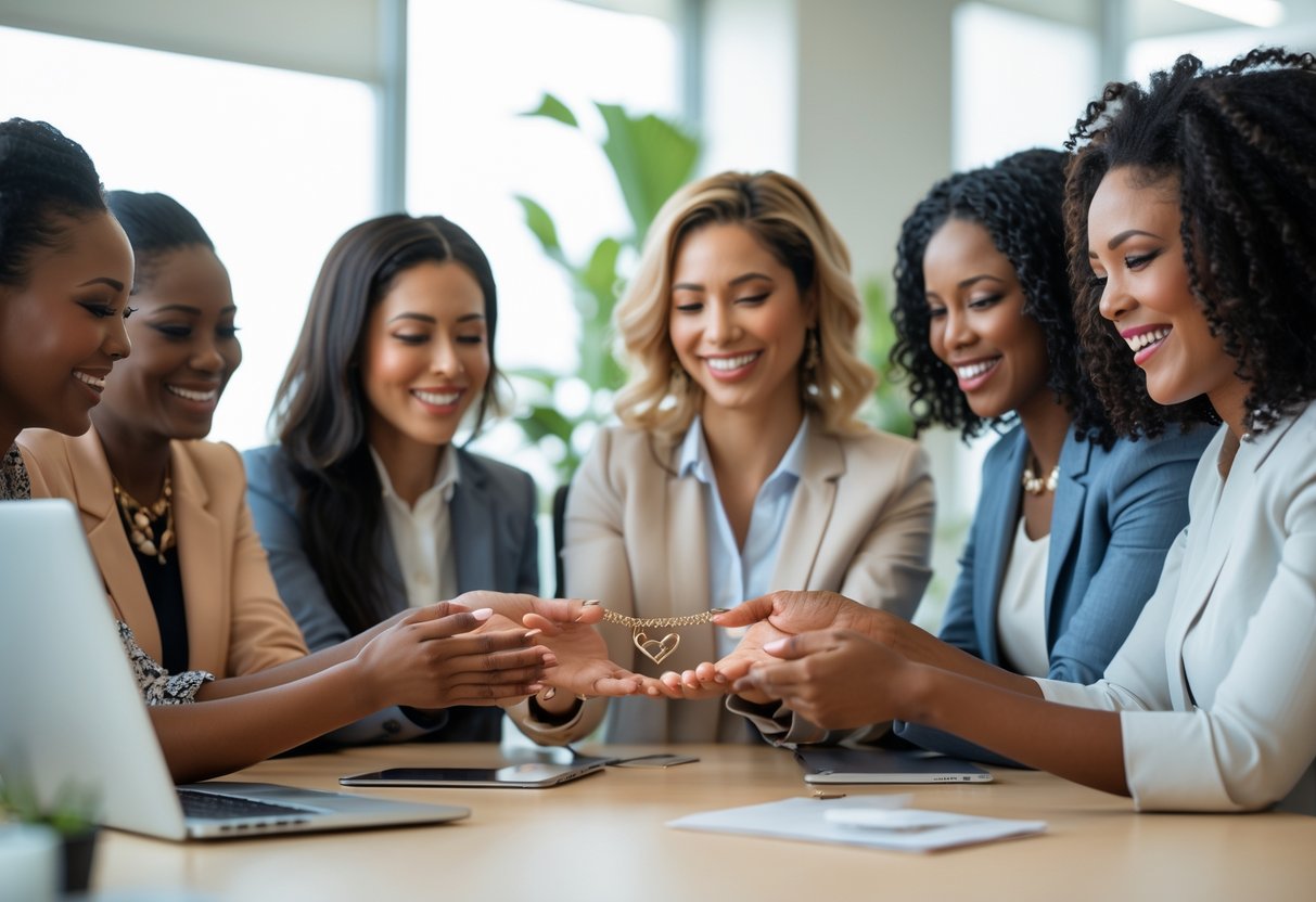 A group of female coworkers in an office sharing a moment as one woman presents a piece of jewelry to another, smiling and showing appreciation.