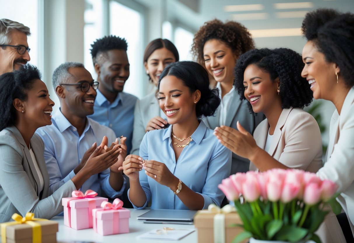 A group of coworkers celebrating a mother at work as she holds a piece of jewelry, surrounded by gifts and smiling colleagues.