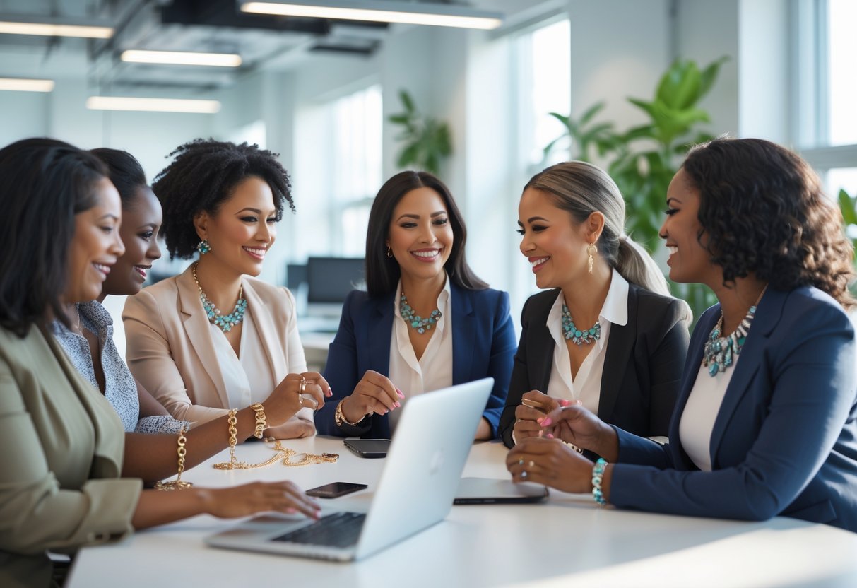 A group of women in an office wearing jewelry and smiling while talking together.