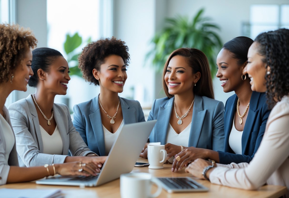 A group of diverse working mothers smiling and talking together in an office, wearing elegant jewelry.