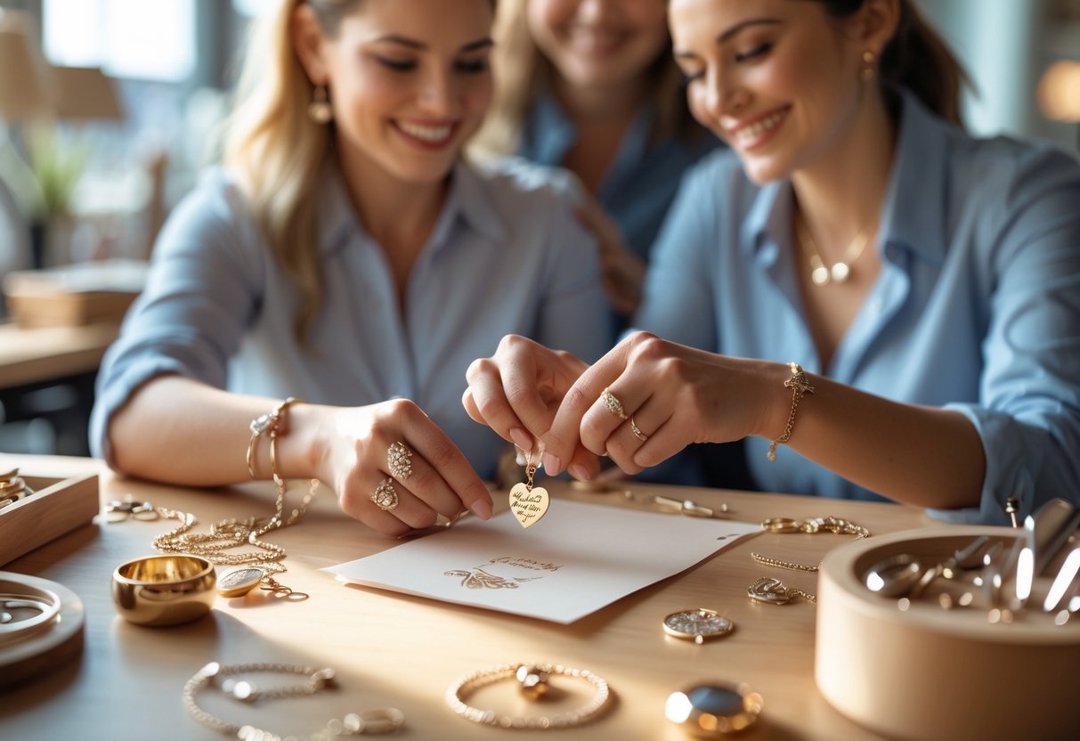 Close-up of hands customizing jewelry on a workbench with coworkers smiling in the background, celebrating mothers in the workplace.