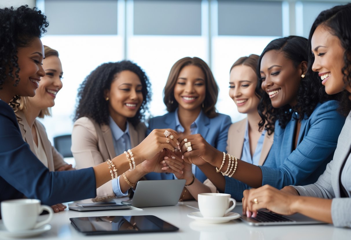 A group of women in an office exchanging and admiring jewelry as they celebrate motherhood together.