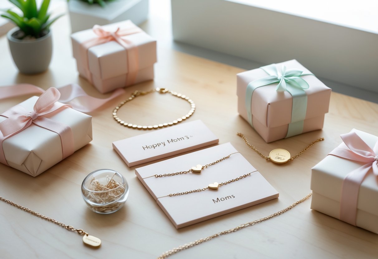 A display of delicate message jewelry and wrapped gift boxes arranged on a wooden desk in a bright office setting with plants.