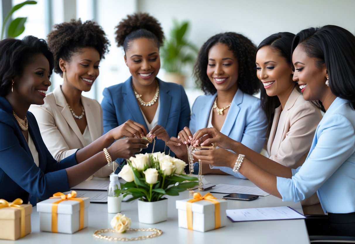 A diverse group of women in an office exchanging jewelry gifts and smiling, celebrating mothers in the workplace.