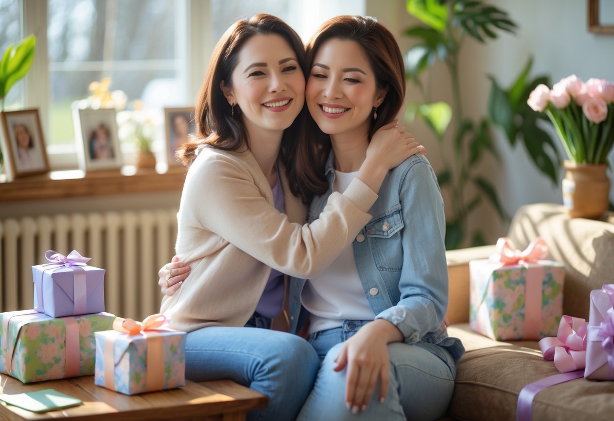Two women smiling and hugging in a sunlit room with Mother's Day gifts on a table nearby.