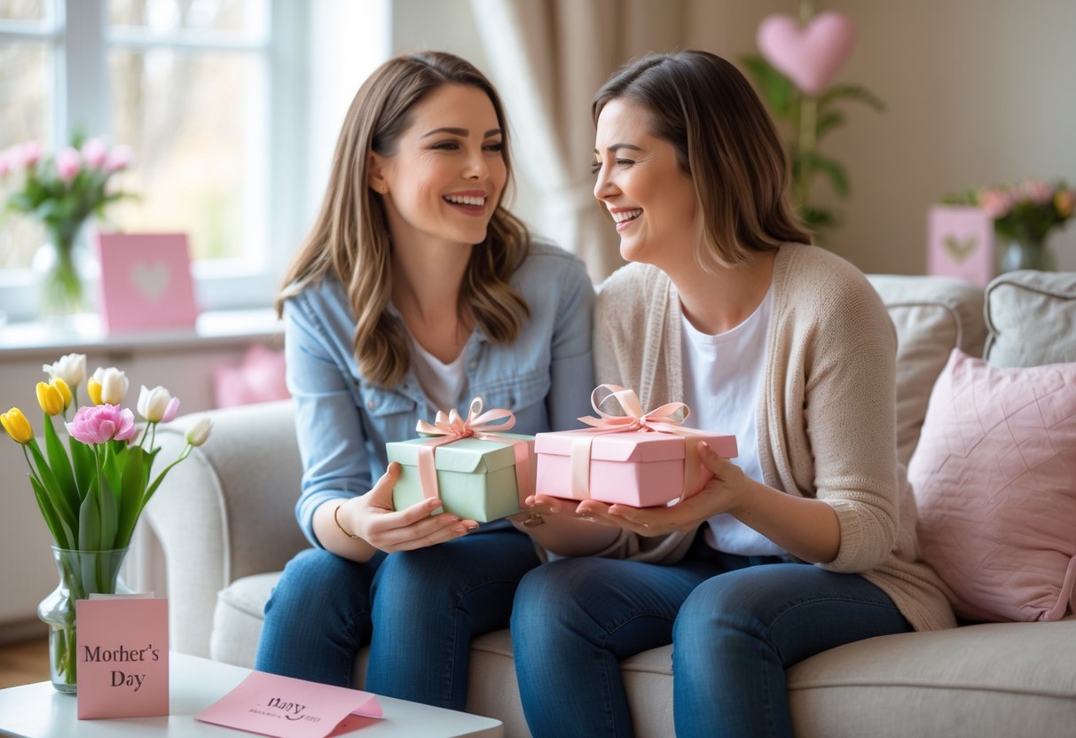 Two women sitting together on a sofa, smiling and exchanging gifts in a cozy living room decorated for Mother's Day.