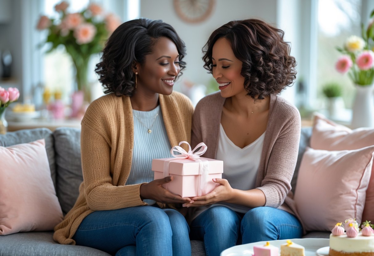 Two women sitting closely on a sofa, one giving the other a wrapped gift, smiling warmly in a bright living room decorated for Mother's Day.